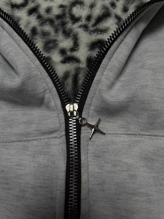 Grey Reversible Leopard Zip Hoodie L