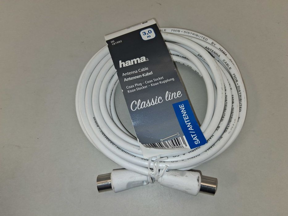 N055 HAMA Klasyczny Kabel Antenowy Koncentryczny TV SAT 3M Biały