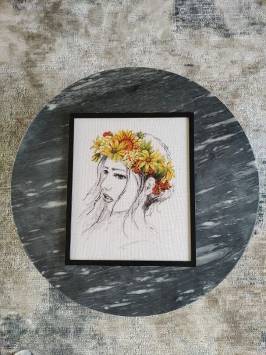 Obraz rękodzieło Pani Jesień haft krzyżykowy