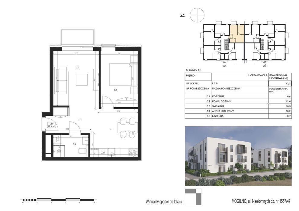 NOWE mieszkanie 2 pokojowe z balkonem Mogilno/ 43,2 m2+ balkon 2,5m2