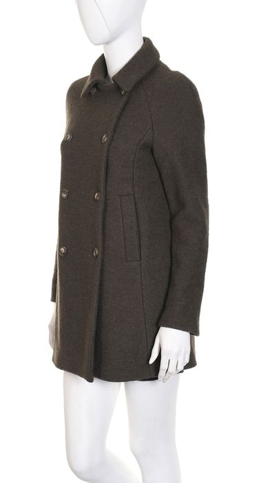 BASIC dwurzędowy ciemnozielony płaszcz damski z futrzanym kołnierzem S