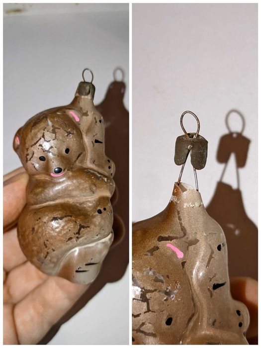 Ёлочная игрушка мишка на березке из СССР старая винтажная.