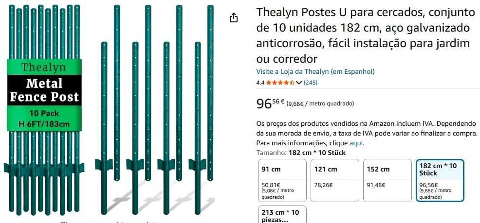 Thealyn Postes U para cercados, conjunto de 10 unidades 182 cm