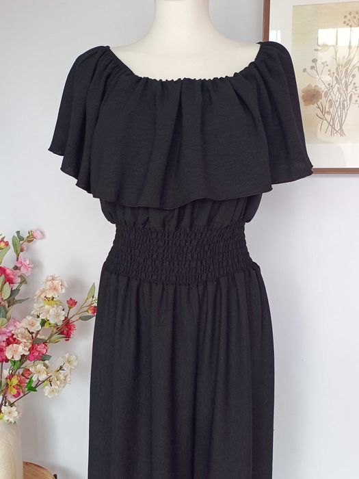 Czarny elegancki kombinezon hiszpanka plus size 46 48 maxi wiskoza Italy Moda