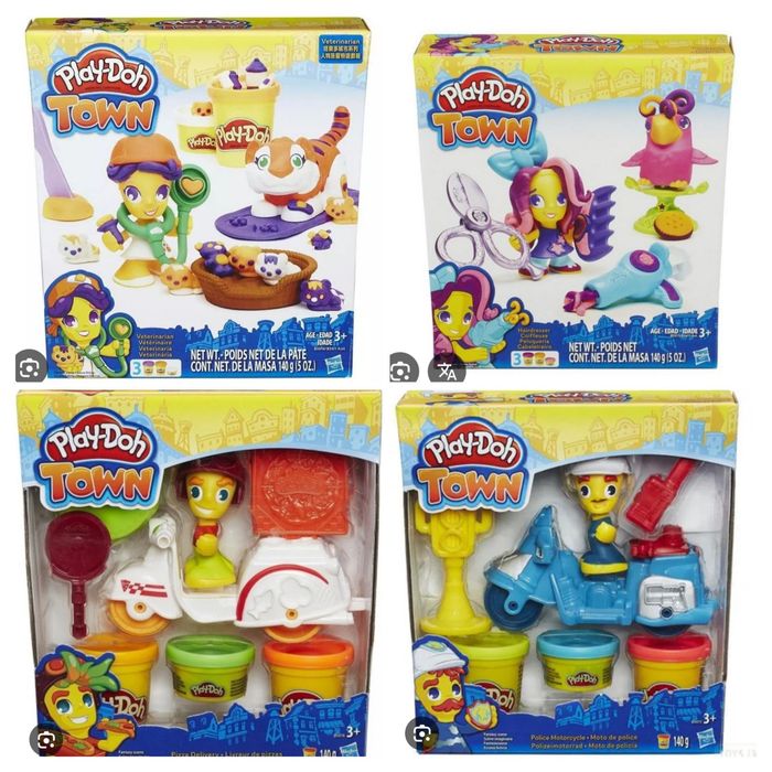 4 zestawy Play Doh Town: weterynarz, fryzjer, policjant, pizzerman