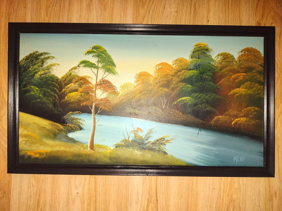 Obraz olejny -" Pejzaż z rzeką "  85,5x48,5 w ramie czarnej.