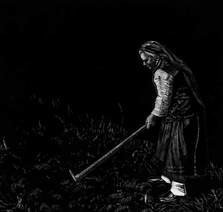 Desenho em scratchboard - mulher a sachar tradições de Portugal  Soajo