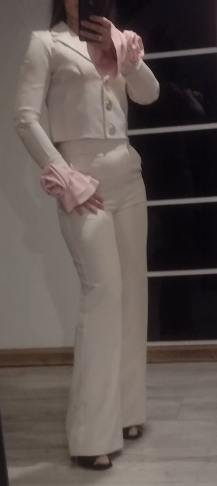 Garnitur damski ze spodniami, elegancki komplet, komunia, Święta , beż