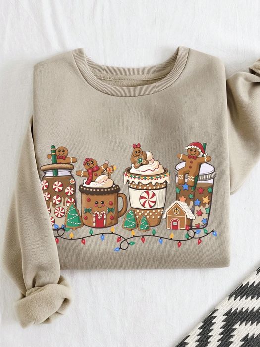 Bluza oversize beżowa świąteczna z nadrukiem pierniczki SHEIN 5XL 50