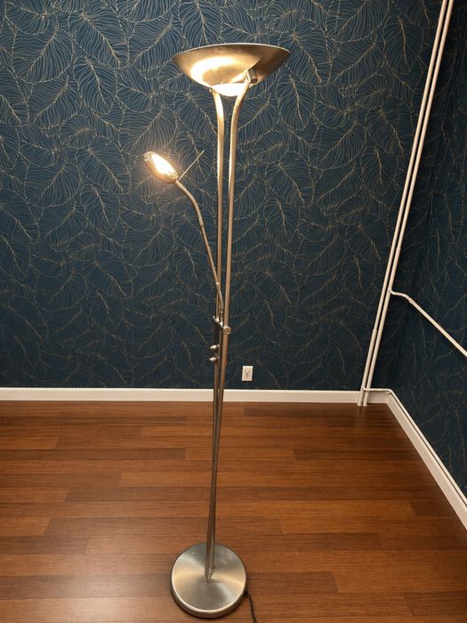 Stalowa lampa stojąca halogenowa 180cm, 2 światła, ściemniacz, lampka do czytania