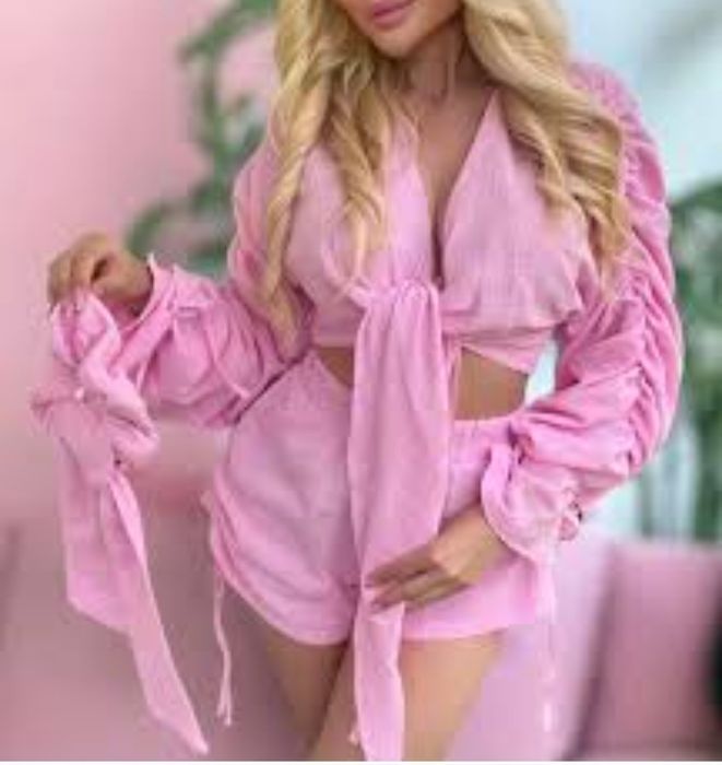 Komplet trzy częściowy Mtissu barbie róż koszula szorty gumka