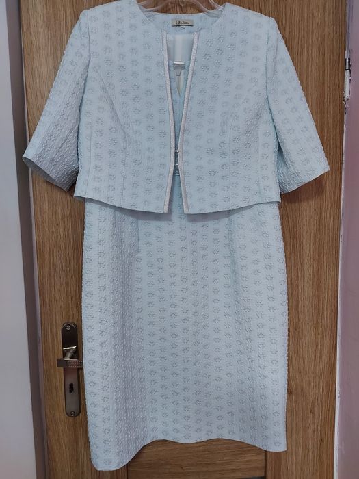 Elegancki zestaw sukienka żakiet błękitny wesele 44 impreza