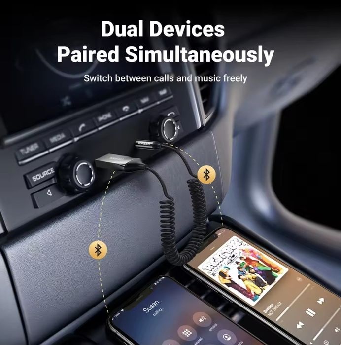 Bluetooth адаптер UGREEN CM309 Bluetooth 5.3 автомобільний приймач AUX з мікрофоном Space Gray, ресивер, Оновлена версія 2024 з підтримкою AAC