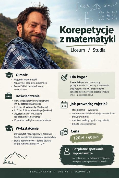 KOREPETYCJE Z MATEMATYKI - Liceum i Studia, stacjonarnie i online