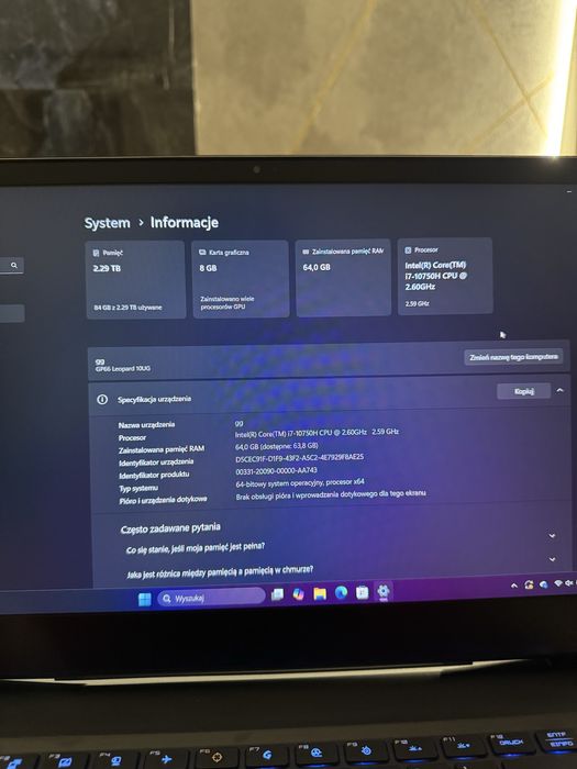 Laptop gamingowy MSI GP66 RTX 3070 / i7-10750H / 64GB RAM / 2.5TB SSD