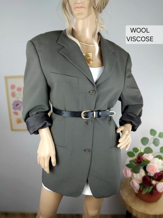 Wełniana marynarka oliwkowa khaki żakiet garnitur wełna płaszczyk L 40