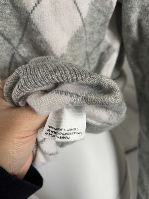 Kaszmirowy sweter romby Peter Hahn 100% kaszmir jakość M L XL szary