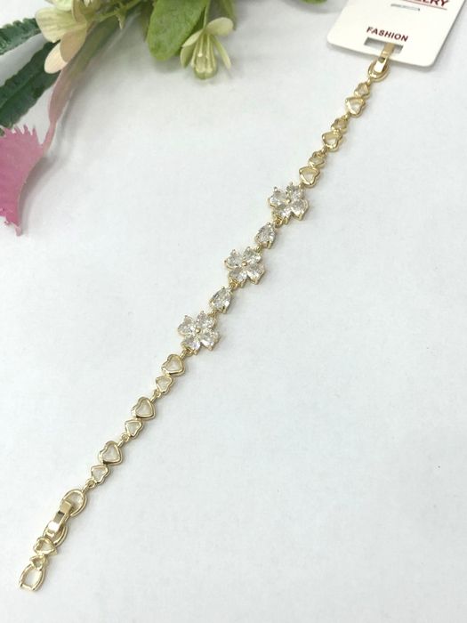 Bransoletka złota kwiatuszki z cyrkoniami – delikatna damska biżuteria serduszka glamour elegancka bracelet