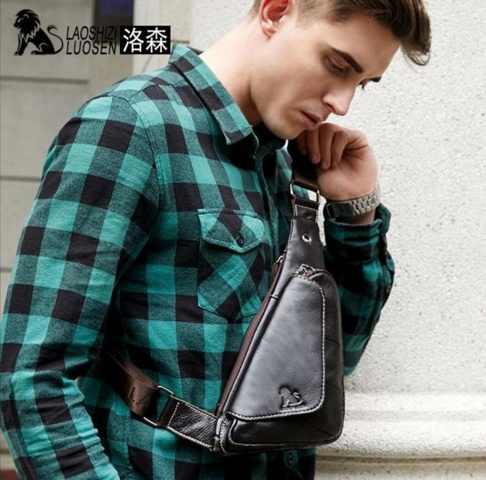 LAOSHIZI Чоловічі нагрудні сумки з натуральної шкіри