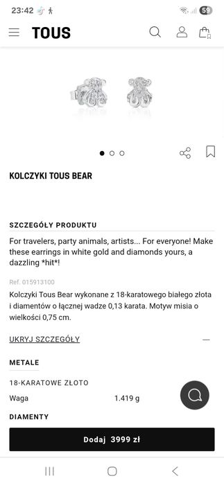 Kolczyki Złote TOUS Bear