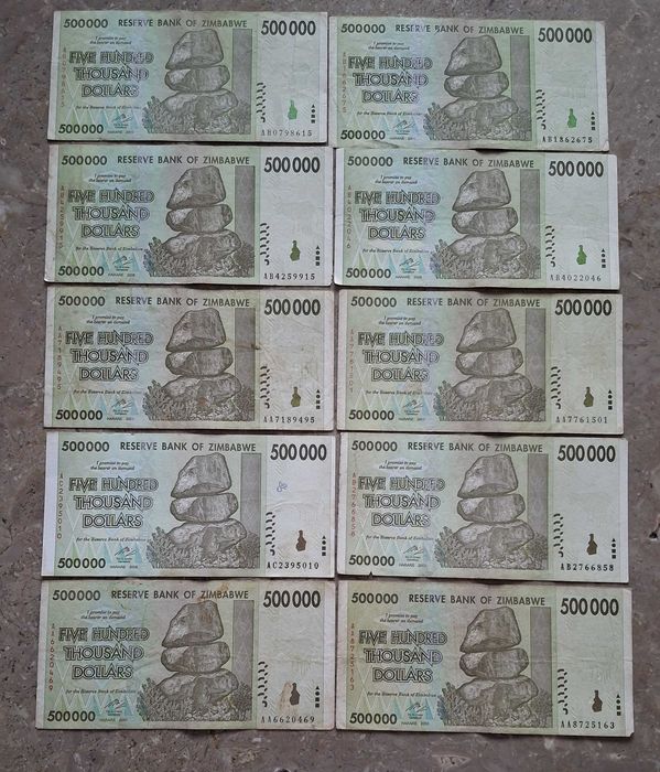 Zimbabwe - lote de 10 notas de 500000 dollars circuladas