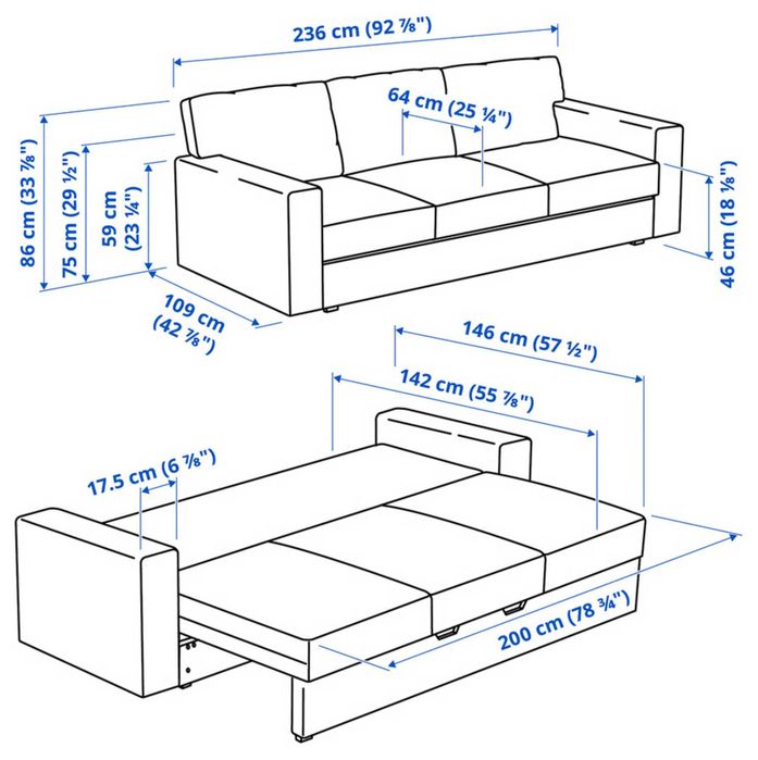 Sofá-cama IKEA BÅRSLÖV 3 lugares, cinzento-turquesa – ótimo estado