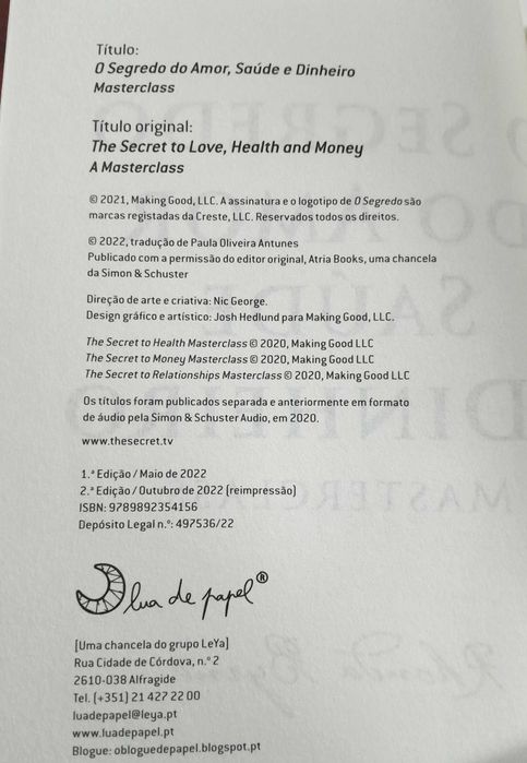 Livro: Rhonda Byrne O Segredo do Amor, Saúde e Dinheiro - Masterclass64586337660162124