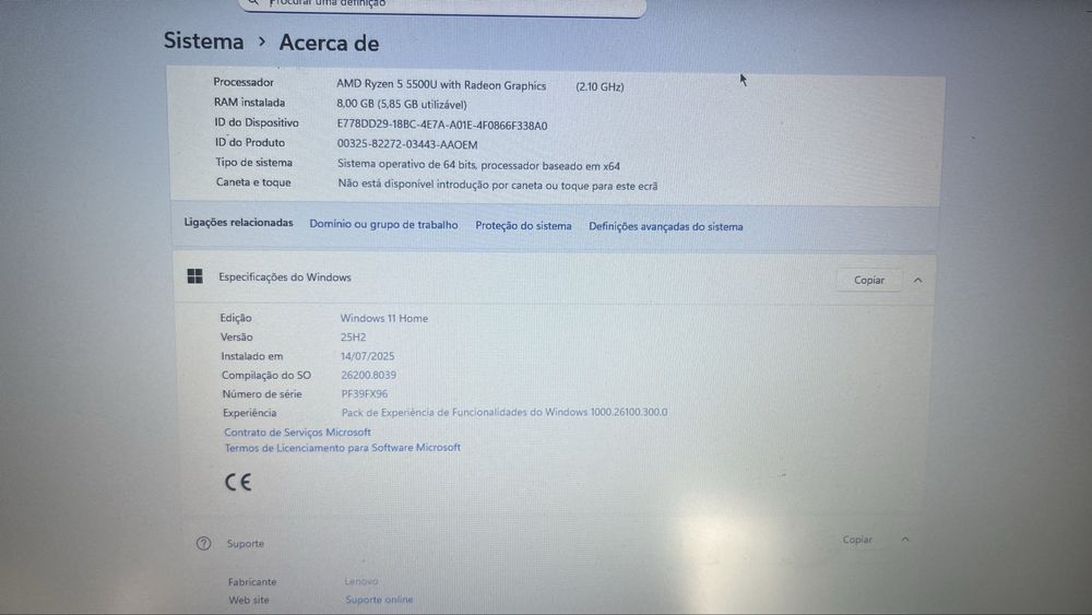 Lenovo V15 G2 ALC 15.6” Ryzen 5 5500U | 8GB RAM | Garantia