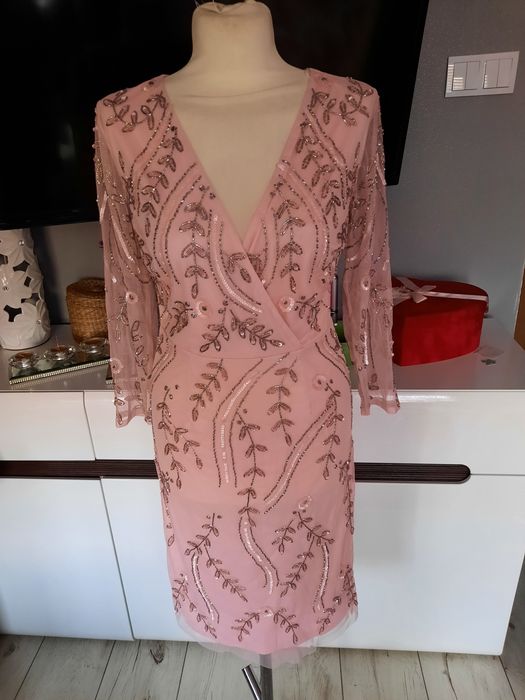 Bogato zdobiona sukienka z siateczki M,wesele, impreza