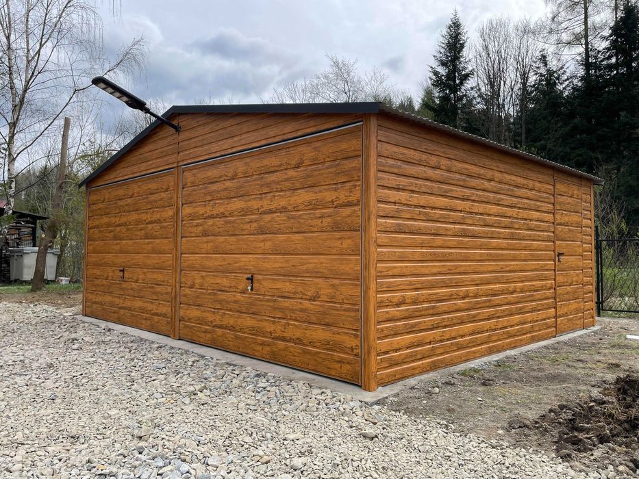 Garaż blaszany 6x5. złoty dąb, konstrukcja ocynkowana. PRODUCENT.