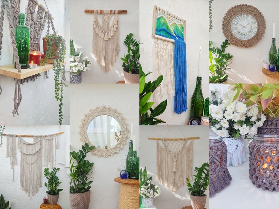 Макраме бохо декор, макраме панно, кашпо, дзеркало, годинник, полиця