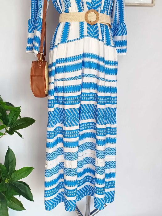 Niebieska sukienka maxi wzory etno 100% wiskoza 38 M boho