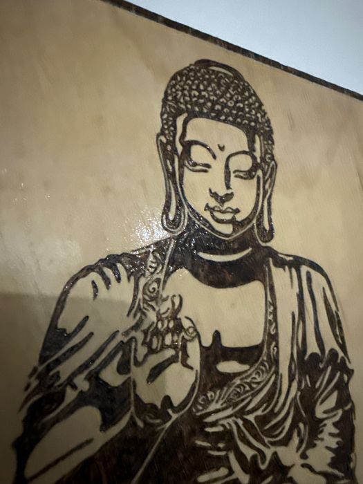 Quadro madeira Budha pirogravado