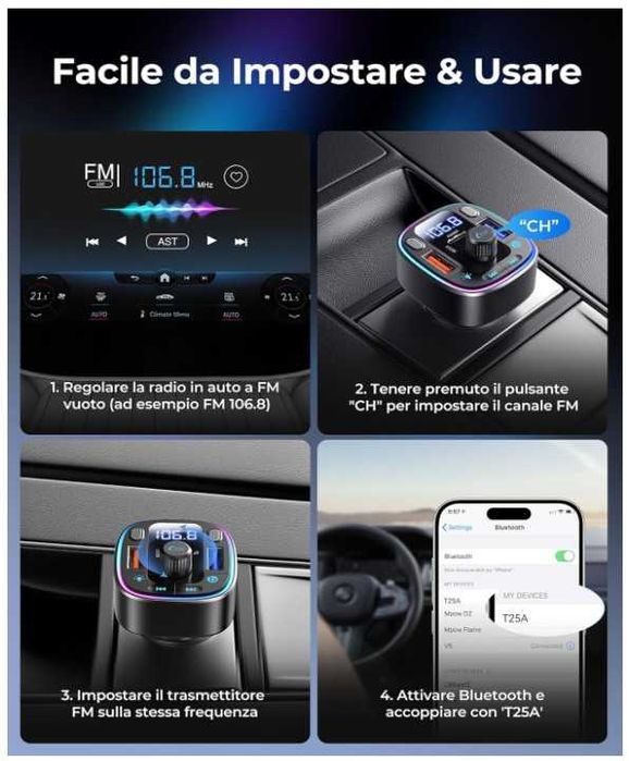Transmiter samochodowy Bluetooth FM LENCENT T25A + szybka ładowarka