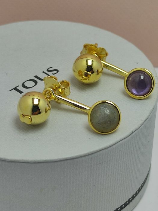 Kolczyki z misiem żółte srebro vermeil 925 z naturalnymi kamieniami