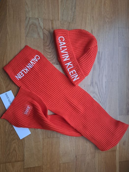 Komplet calvin klein czapka i szalik ck pomarańczowy nowy