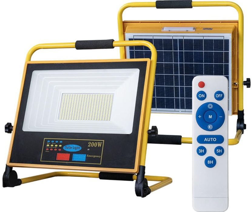 Projector LED t/ Obras IP65 Branco F. 6000K 200W c/ Painel Solar ou Ba