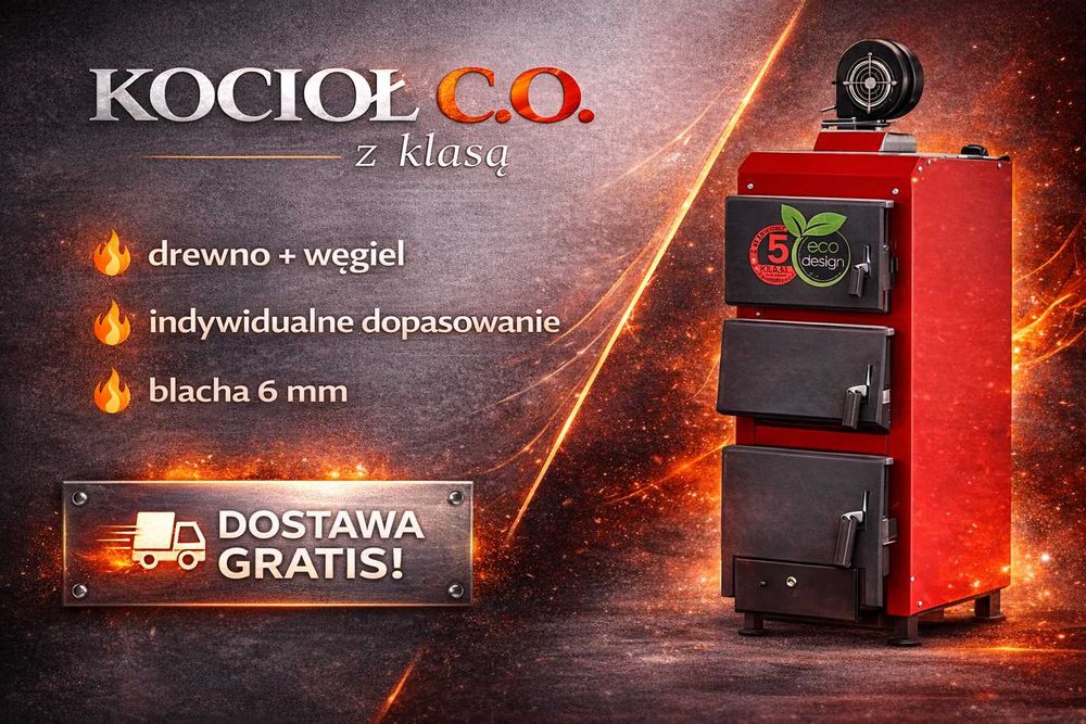 Kocioł C.O. 27kW na drewno i węgiel, piec 4 kanałowy, duży zasyp, szybka dostawa 48h