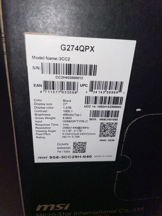 Монітор 27” 1440p, 240Hz, IPS 1ms. MSI Gaming G274QPX