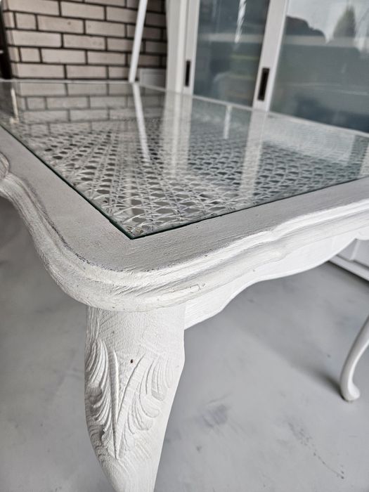 Ława drewno szyba plecionka wiedeńska bielone