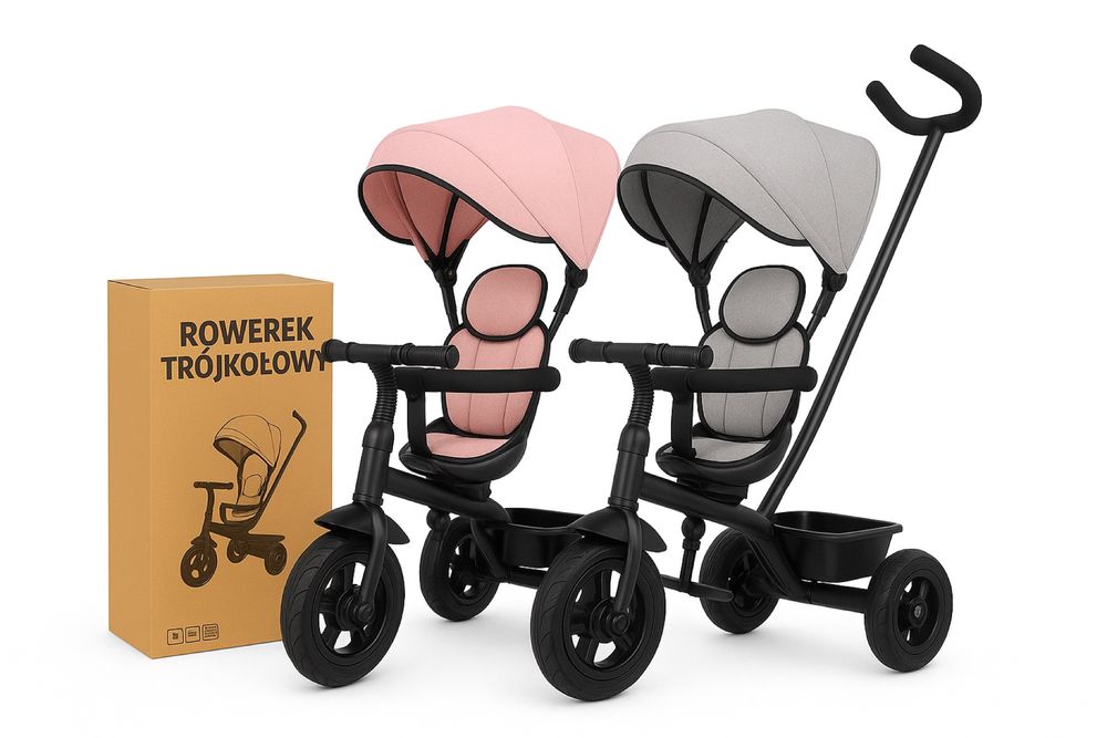 Trojkowy rowerek dla dziecka z daszkiem i rączką do prowadzenia - NOWY
