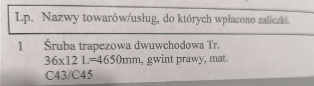 2 szt Śruby trapezowe dwuwchodowa tr. 36x12 L=4650mm
