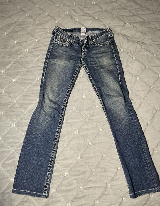 Archival Y2K True Religion Low-Rise Contrast Stitch Jeans with Rhinestone Detail