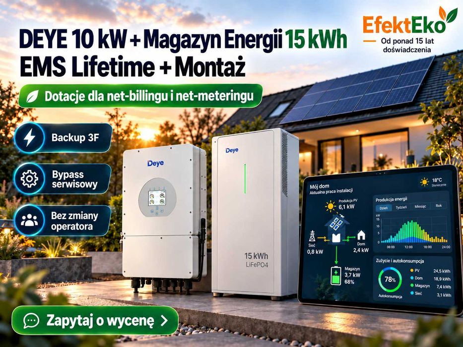 Magazyn energii 15 kWh + falownik hybrydowy DEYE 10 kW 3F z montażem | EMS Lifetime bez abonamentu | Backup 3F | Dotacje