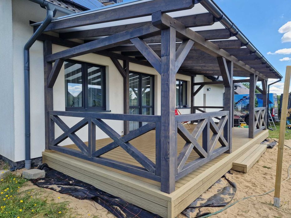 Zadaszenie tarasu, wiata postojowa, konstrukcja drewniana, pergola