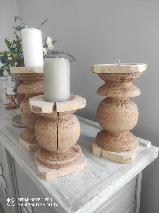 Świeczniki drewniane toczone vintage rękodzieło