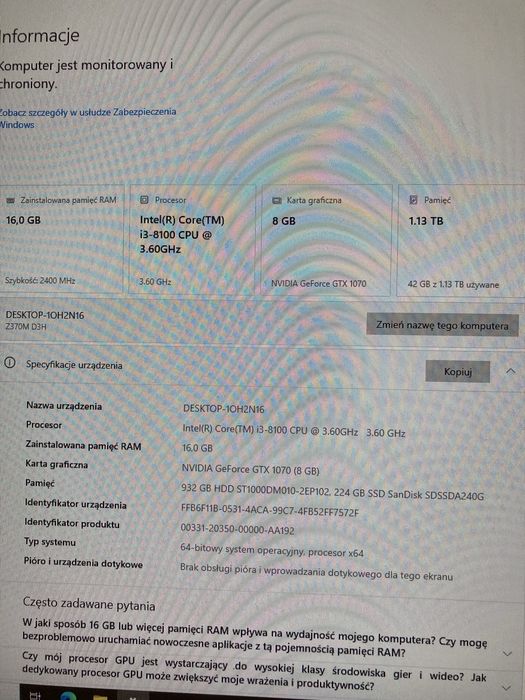 Komputer Z370 16gb ddr4 SSD GTX 1070 G1 80+ Bronze