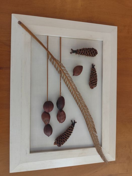 Conjunto de  3 Quadros Artesanais em Madeira com Folhas Secas