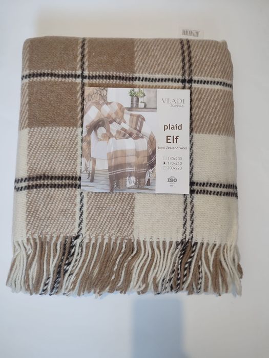 Koc pled wełniany 210 x 170 cm beżowy w kratkę