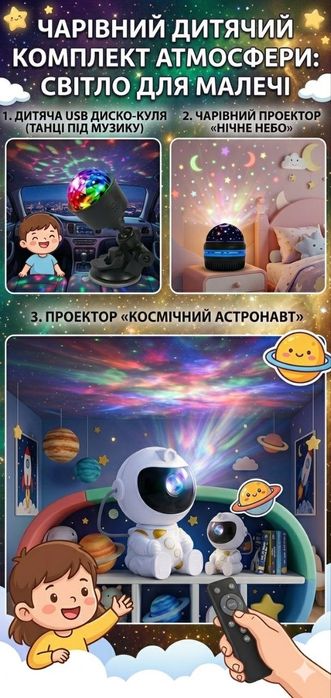 Мега-набір 3 в 1: Проектор Зоряне небо + Диско-куля з пультом + USB-нічник